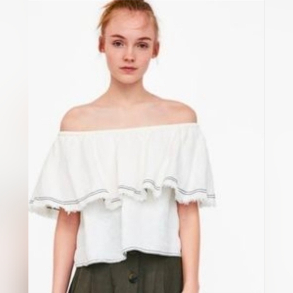 Zara Linen Off-Shoulder Cropped White Ruffled Top Size XS